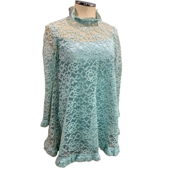 Vintage Aqua Swing Shift Mini Dress Vintage 1960s Lace Overlay Satin - Picture 1 of 10